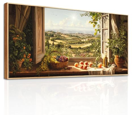 SERIMINO Vintage Wandbild Küche Landschaft Bilder mit Rahmen 60x120 cm | Früchte Blumen Landschaft Wanddeko, Hochauflösender Druck, Leinwand Holzrahmen, Einfache Montage, Raum Und Geschenk Geeignet