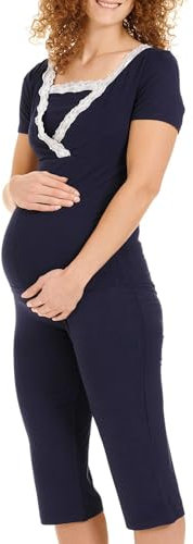 Herzmutter Pyjama Grossesse - Pyjama Maternité Allaitement - Vêtement de Nuit - pour Femme Enceinte - Pyjama Ensemble Maternité - Pantalon midi - Manches Courtes - 2500 (XL, Bleu)
