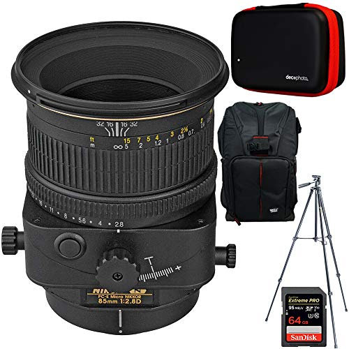 Nikon PC-E FX Full Frame Micro NIKKOR 85mm f/2.8D Lens+ 64GB Accessories Bundle Includes Backpack for Cameras + All-in-One Cleaning Kit for DSLR Cameras + 60-Inch Video & Photography Tripod