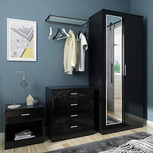 ELEGANT Modern High Gloss Wardrobe and Cabinet Furniture Set Bedroom 2 Doors Wardrobe with Mirror and 4 Drawer Chest and Bedside Cabinet, Black