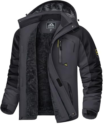KEFITEVD Übergangsjacke Herren Winter Warme Wanderjacke Wasserdicht Outdoor Jacke Jagdjacke Viele Taschen Herrenjacke mit Kapuze Trekkingjacke Grau-Schwarz CN 7XL, EU 3XL