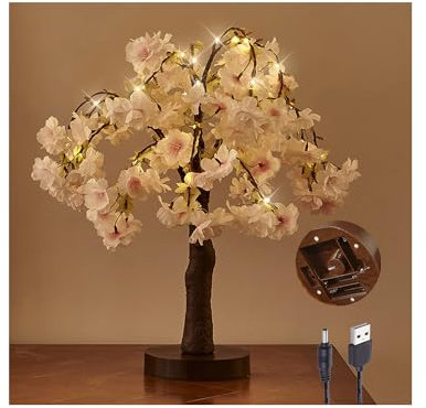 Hairui Lighted Cherry Blossom Tree Battery Operated 18IN 40 Warm White LED Artifical Bonsai Tree with Timer USB Plug for Wedding Party Spring Christmas Home Decoration