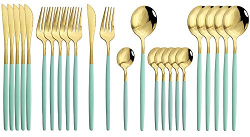JASHII Flatware Serving Set 24 Piece, Stainless Steel Silverware Set, Mint Green Gold Cutlery, Modern Elegant Tableware for Party, Christmas, Dinner
