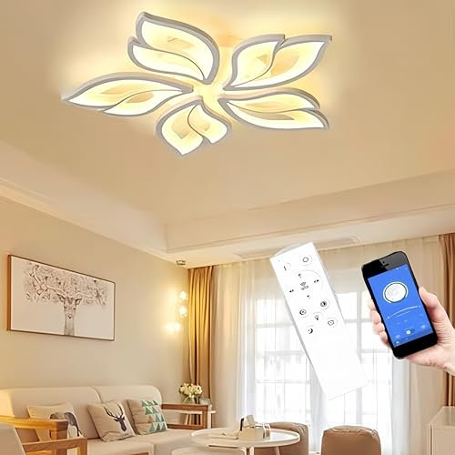 Plafón LED techo regulable - 40 W lámpara de techo control APP - Plafón acrílico 60 cm diámetro pantalla Petaloper dormitorio comedor balcón pasillo 5 pétalos