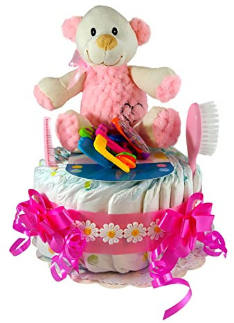 Windeltorte Für Mädchen - Neugeborenes Baby - Kuscheltier - Kamm und Bürste - Beißring