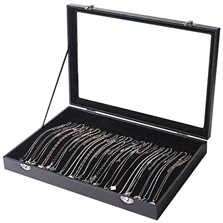 Pangkeep Halsketten-Organizer, Halsketten-Vitrine, Halsketten-Schmuckbox, stapelbare Schmuck-Aufbewahrungsboxen, Tablett mit Glasdeckel für Armbänder und Ketten.