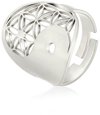 TEAMER Größenverstellbare Blume des Lebens Ringe Edelstahl Om Symbol Ring Heilige Geometrie Magisches Hexagramm Talisman Amulett Schmuck für Frauen Mädchen (Yin-Yang-Blume -Silber)