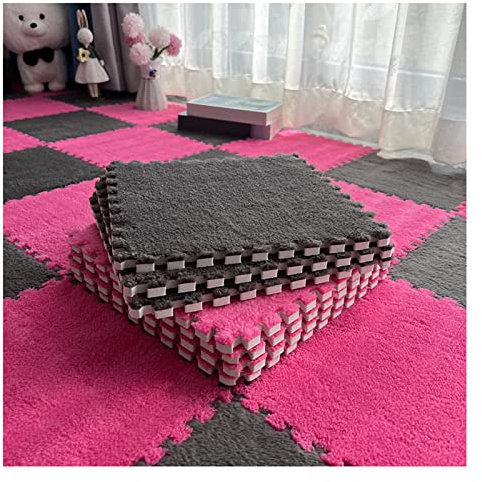 10 Ineinandergreifende Schaumstoffmatten, 10 Mm Dick, Flauschige Teppichfliesen, Plüsch-Bodenfliesen, Teppich, Weiche Spielmatte, Puzzle-Bodenmatte, Weich, rutschfest Und Sturzfest,Grey+Rose,30x30cm