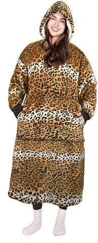 Extra Lange Sherpa Hoodie Decke Ghepard, Flauschige Übergroße Kuscheldecke mit Ärmeln und Kapuze, Warme Großes Kapuzendecken, Tragbare Decke zum Anziehen als Geschenkidee für Damen Herren