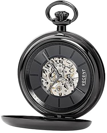 Regent Herren Taschenuhr Handaufzug Mechanisch Skelett Glasboden Gun Metal IP P-710