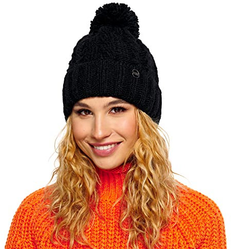 ELIMELI Damen Winter Mütze warme Strickmütze Wintermütze mit Bommel Slouch Beanie Damen für Winter Bommelmütze Hergestellt in EU Farbenauswahl 19005 (Schwarz)