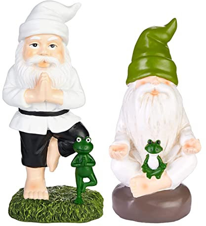 BRUBAKER Gartenzwerge Set Yoga Baum und Schneidersitz - Zwerge mit Frosch - Zen Gartenfigur Sport Figur Dekoration Wetterfest für Garten Campingplatz - Gartendeko Lustig Weiß für außen