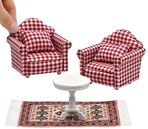 iLAND Puppenhaus-Möbel im Maßstab 1:12 für Puppenhaus, Wohnzimmer, inkl. Sofa mit Kissen, Beistelltisch und Teppich, Rot / Weiß