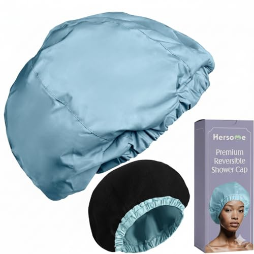 Premium Shower Cap for Women with Long Hair. Reusable, 100% Waterproof, Double-Sided, Great For Curls with Anti-Frizz Fabric Terry-Lined. Sky Blue Shower Caps for Women