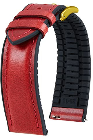 BINLUN Bracelet Montre en Cuir 22mm 21mm 20mm 19mm 18mm 16mm 14mm Cuir Ciré à l'huile et Silicone Hybrid Bracelets de Montre à Dégagement Rapide pour Homme Femme(22mm,Rouge Boucle Or)