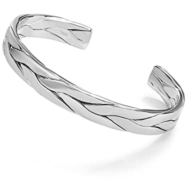 Dankadi Bracelet Ouvert Tressé en 925 Argent pour Femme, 8MM 9MM Largeur en Forme Épi de Blé Jonc de Manchette Φ65MM Plat Rond Lisse Simple Classique Pour Fille Mère Homme(Réglable, Wide 0.37 inch)