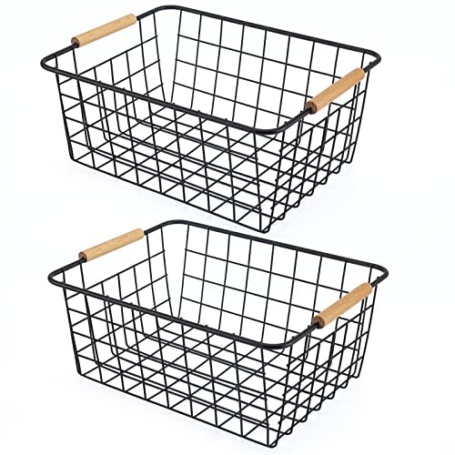 Black 2PCS Wire Storage Baskets with Wooden Handles - Organizing Pantry and Kitchen Cabinets - Metal Wire Food Storage Basket