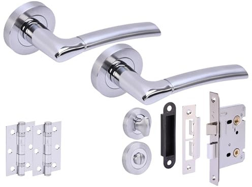 HANDLEZONE® Columba Premium Door Handles on Rose Bathroom Lock Pack with 75mm Ball Bearing Hinges and 65mm Lock - Dual Polished/Satin Chrome
