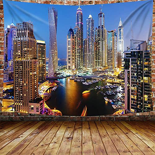 614 Wand Dekoration Hochwertige Tapisserie Groß Bettwäsche Für Apartment Zimmer Picknick Stadt, Dubai Skyline Nachtszene Wolkenkratzer Stadtbild Nachtansicht 100x150cm