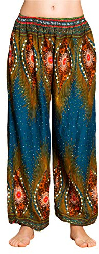 PANASIAM Haremshose Peacock Damen & Herren - leichte Sommerhose - Boho Stil | Loungehose mit elastischem Bund und Beinabschluss, Peacock Design, Unisex Chillhose für Festival, Urlaub & Alltag, Goa Hose