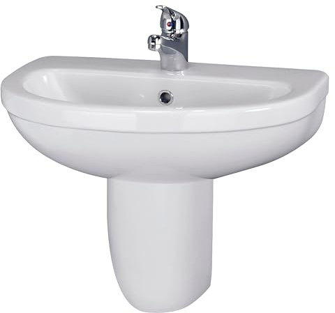 Balterley 555mm Bathroom Sink, Semi Pedestal Ceramic Round Bowl Bathroom Wash Basin Sink with Overflow, 1 Tap Hole, Wall Mounted Basin Sinks for Cloakroom - 555 x 445 x 498mm (White)