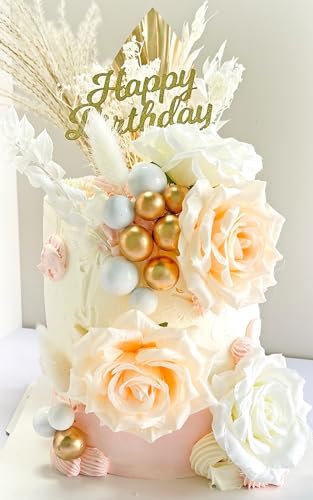 VELAFEE 25 Pcs Rose Gold Cake Decorations Happy Birthday Cake Topper Gold Palm Cake Topper with White and Gold Cake Balls Dried Flower Cake Decorations for Birthday Cakes and Boho Cake Decorations