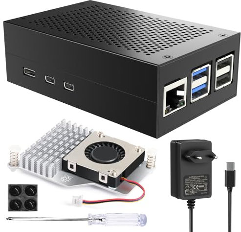 Miuzei Case for Raspberry Pi 5 Kühler Gehäuse mit 5A Netzteil Aluminium Active Cooler Official Lüfter 5,1V Power Supply 27W Charger Kit for Raspberry Pi 5 8gb 4gb Schwarz