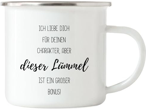 Hey!Print Ich liebe dich für deinen Charakter aber dieser Lümmel Penis Pimmel Emaille Tasse - Liebe Valentinstag Jahrestag Witzig