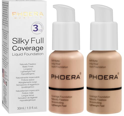 PHOERA Foundation,PHOERA Grundierung Makeup Concealer Full Coverage, Anti Aging Hydrating Serum with matte Natural lightweight Finish (103+104/Warm peach+Buff Beige)