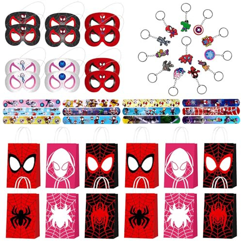 48Pcs Spiderman Feste Bomboniere, 12 Braccialetti Slap Spiderman, 12 Maschere in Feltro Spidermam, 12 Portachiavi Spiderman, 12 Sacchetti Regalo Spiderman, Regalo di Compleanno per Bambini Spiderman