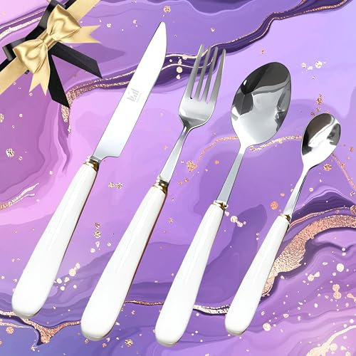 SensiSel 16 Piece White Cramic Handles Cutlery, Knife Fork Spoons Set, Stainless Steel Flatware - Service for 4 Dishwasher Safe, Gift Boxed (White Silver)