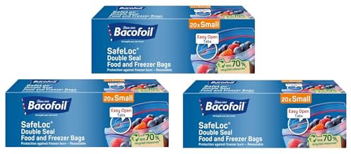 60 x Double Seal Food Storage and Freezer Bags with Easy Open Tabs, Extra Thick Film, Prevent Leaks and Freezer Burn, Reusable and Resealable, BPA Free (3 x 20 Bags) Size - SMALL