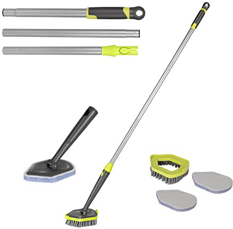 Fregadero con mango, cepillo de limpieza Midyb con mango, cepillo de limpieza para baño con 3 cabezales intercambiables, para baño, bañera, cocina, vidrio, suelo