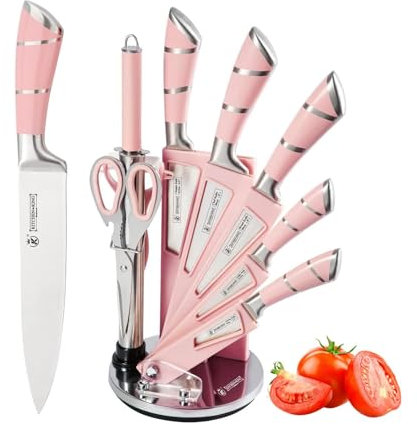 Justup Set di coltelli da cucina, 9 pezzi rosa Sharp antiaderente rivestito coltelli da cucina Block Set, set di coltelli in acciaio inossidabile per cucina con affilatore e blocco (Rosa)