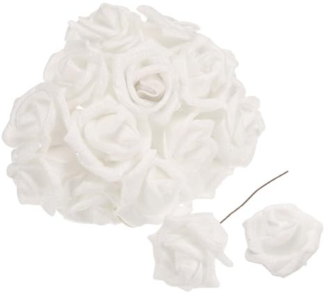 sourcing map 50pcs Glitters Roses Artificial Flower, Fake Roses with Stems Foam Real Touch Faux Roses for Wedding Party Office Shower Home Decoration, White