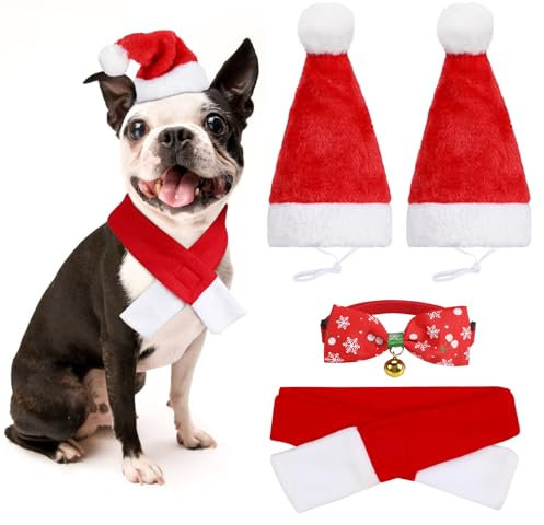 4 PCS Weihnachten Hund Katzen Kostüm, Hundekostüm mit Weihnachtsmütze, Schal, Katzenkostüm, für Kleine Hunde Katze