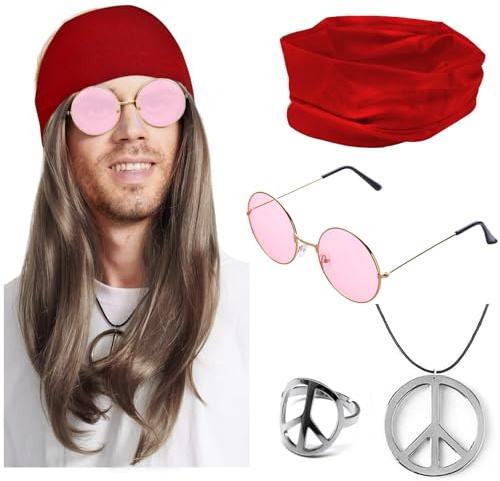 NebulaGlam 5-Teiliges Hippie Kostüm Set, Perücke + Rotes Haarband + Brille + Halskette + Ring, Hippie Kostüm Damen Herren, Männer Karneval Fasching Perücke, 70er 80er Jahre Karneval Themenparty