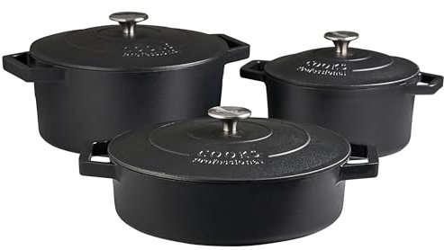 Cooks Professional Set of 3 Cast Iron Casserole Dishes with Lid & Handles | 20, 26 & 28cm | Colourful Enamelled Cooking Pans Pots | Suitable For All Hobs Inc Induction | Oven & Grill Safe | Matt Black
