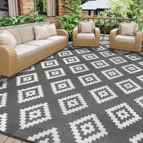 Homcomodar Patio Teppich 270x365cm Outdoor Teppiche für Patio Clearance Reversible Matte Kunststoff Stroh Teppich UV-beständige Camping Matte für Picknick Deck(Grau)
