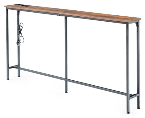 ZZINOKE Table Console avec Station de Recharge, 160cm Table Console Étroite, Tables Consoles de Salon, Meuble Entree Couloir, Meuble de Salon, 160×20×80.5cm, Marron Vintage