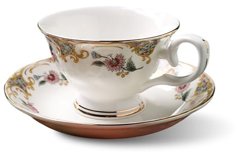 Cappuccino Tasse mit Untertassen, Knochenporzellan Kaffeetasse Aesthetic Espresso Tassen mit Blumen Muster, 175ML Keramik Kaffe Tassen Teetassen Porzellan Mokkatassen für Frauen (A)