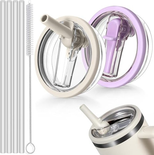 Stanley Cup Lot de 2 couvercles de rechange anti-fuite pour gobelet de 1,2 l, crème et violet, avec 4 pailles et 1 brosse à paille, couvercle de rechange pour gobelet Stanley Cup