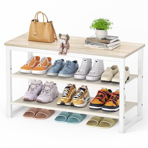 SIMPDIY Shoe Rack, 3 Tier Shoe Bench with Wooden Shelf, Shoe Storage with Seat for Entryway Living Room Hallway Bedroom, Load Capacity 150 kg, White Oak