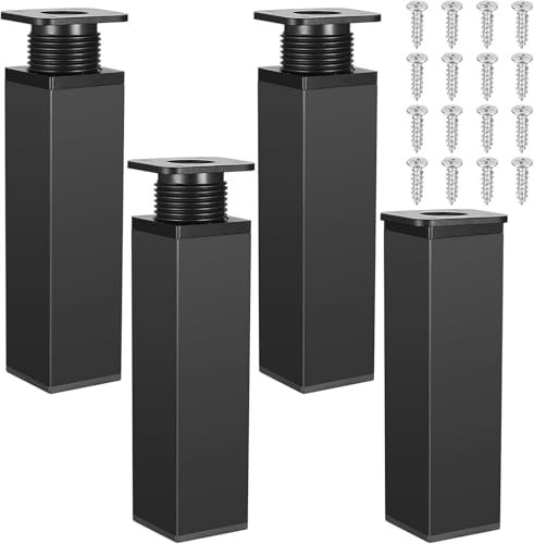 Kolamom Lot de 4 Pieds de Meuble Réglables en Hauteur, Rectangulaires, Noir, 15-16cm, Métal et Nylon, Charge Maxi. 200kg, Pieds de Meuble pour canapé, Armoire, Table et Meuble à Chaussures