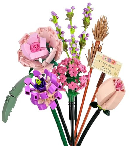Künstlicher Blumen Bausteinblumen Rosen Blumenstrauß Deko für Zuhause, DIY Geschenkset für Erwachsene Kinder, Geburtstagsgeschenk Muttertagsgeschenk