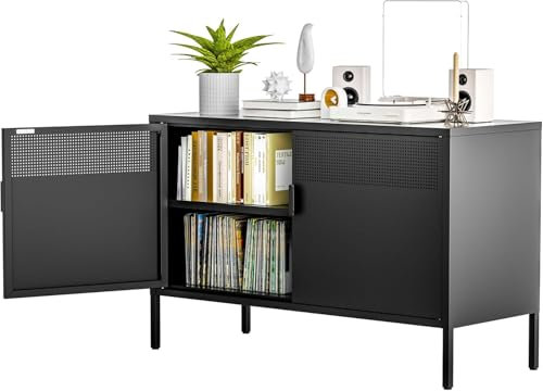 Armario Metalico,Aparador de Metal Estantes con Puertas,Marco de Acero,Armario de Almacenamiento para Oficina en Cocina,Salón,Comedor,Entrada,40 x 100 x 64AL cm,Negro