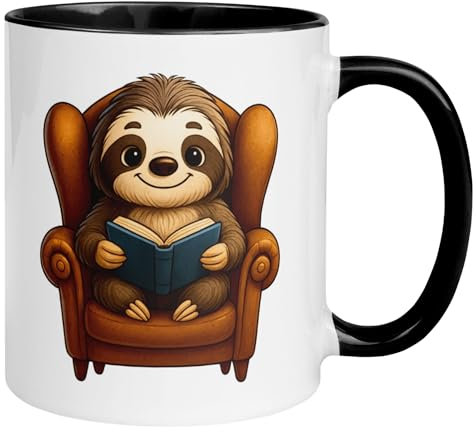 Faultier Tasse | Leseratte & Bücherwurm im Sessel | Lustige Kaffeetasse mit Spruch & Tiermotiv | Witziges Geschenk für Büro Arbeit Geburtstag | Becher für Frauen Männer Kollegen Freund Freundin