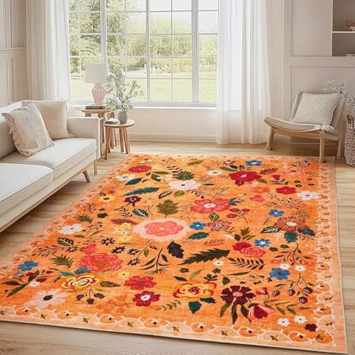 Sedefen Teppich Orange 200x300 cm Kurzflor Blumen Boho Rutschfester Waschbarer Flauschig Teppich Wohnzimmer Schlafzimmer Kinderzimmer Küche