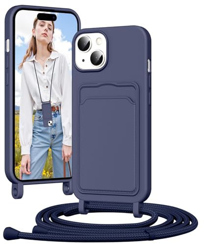Vauki Cover per iPhone 15 con Cordino Porta Carte, Morbido TPU Silicone Case con Laccio Tracolla, Regolabile e Rimovibile, Antiurto AntiGraffio Case per iPhone 15, Blu Scuro
