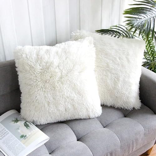 ROZTYLJ Faux Fur Cushion Covers for Livingroom Sofa Bedroom Soft Decorative Square Cute Fluffy Throw Pillow Case 16 x 16 Inch 40x40cm White Pack of 2